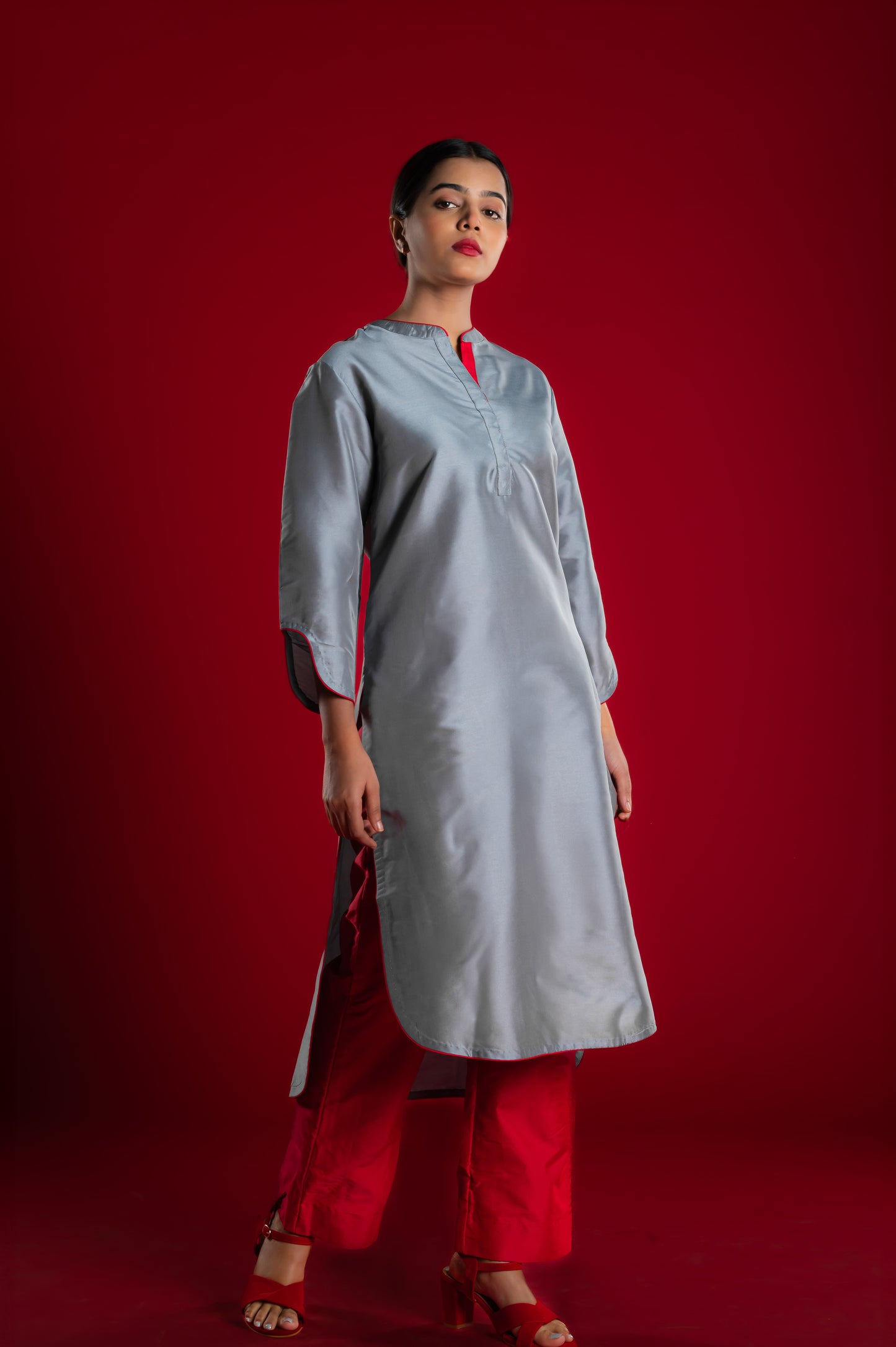 Grey Kurta & Red Pant Set