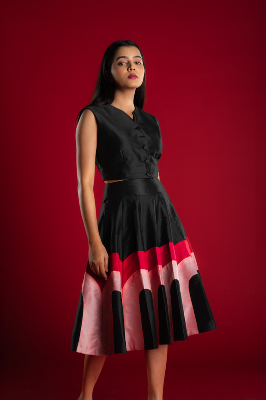 Black Crop Top With Multicolour Silk Skirt