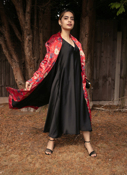 Relaxed Fit Printed Satin Jacket in Rich Red