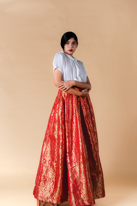 Ruby Brocade Skirt With White Blouse Set