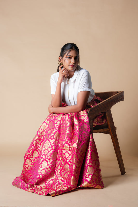 Fuchsia Brocade Skirt with White Blouse Set