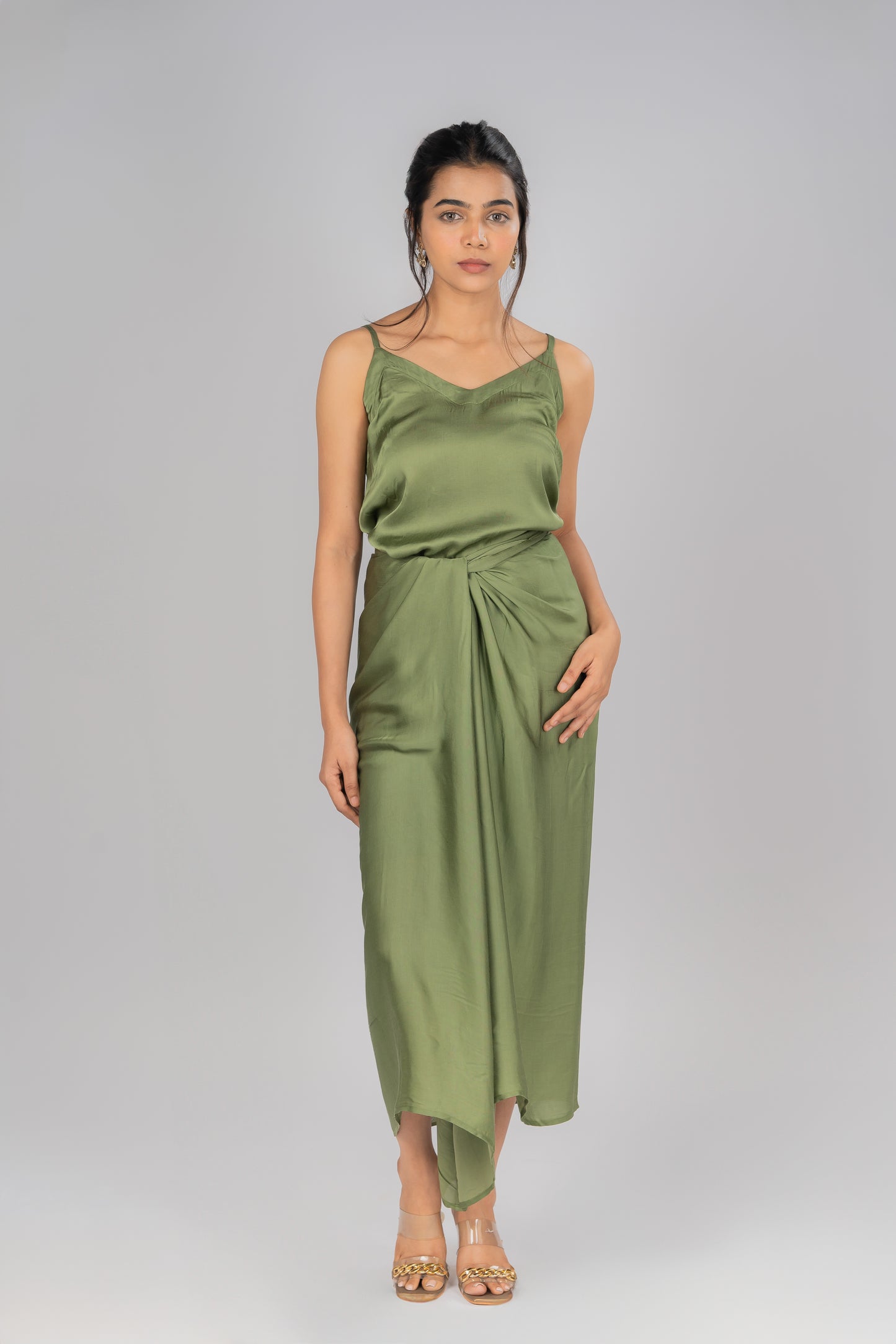 Olive Green Satin Wrap Around Drape Skirt With Cami Style Olive Green Top