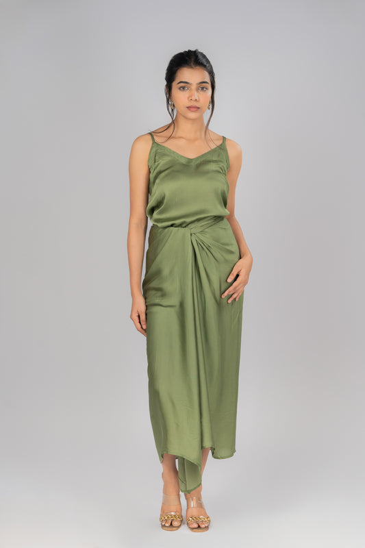 Olive Green Satin Wrap Around Drape Skirt With Cami Style Olive Green Top