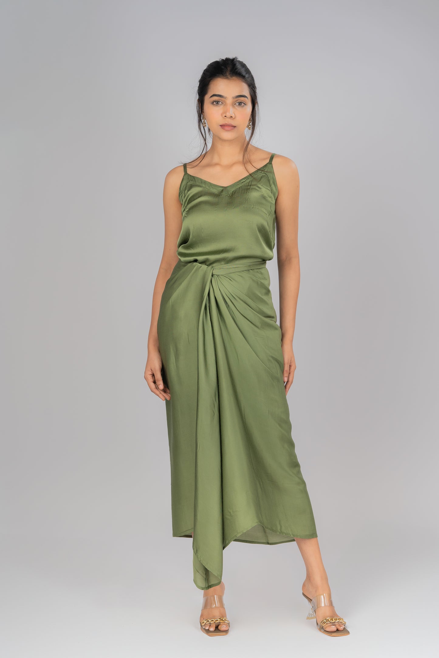 Olive Green Satin Wrap Around Drape Skirt With Cami Style Olive Green Top