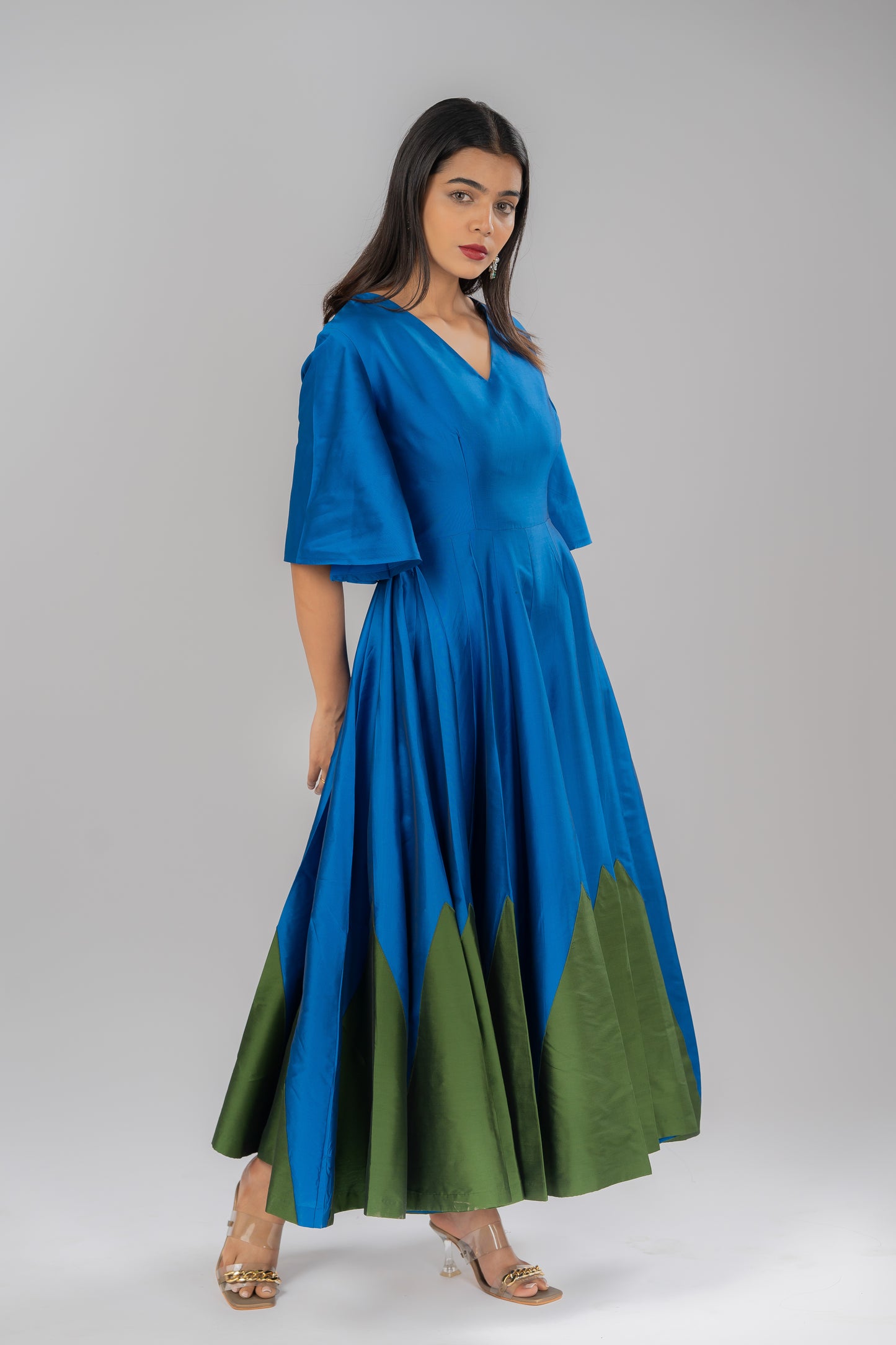 Carolina - Blue And Green Zig Zag Fit And Flare Silk Dress