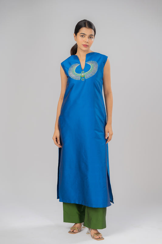 Blue Scarab Embroidered Sleeveless Silk Kurta With Green Straight Cut Silk Pants With Soft Lining