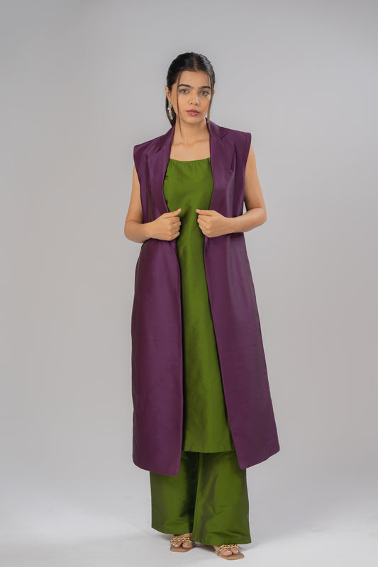 Moss Green Sleeveless Silk Kurta Set With Wine Straight Cut Vest Style Silk Jacket