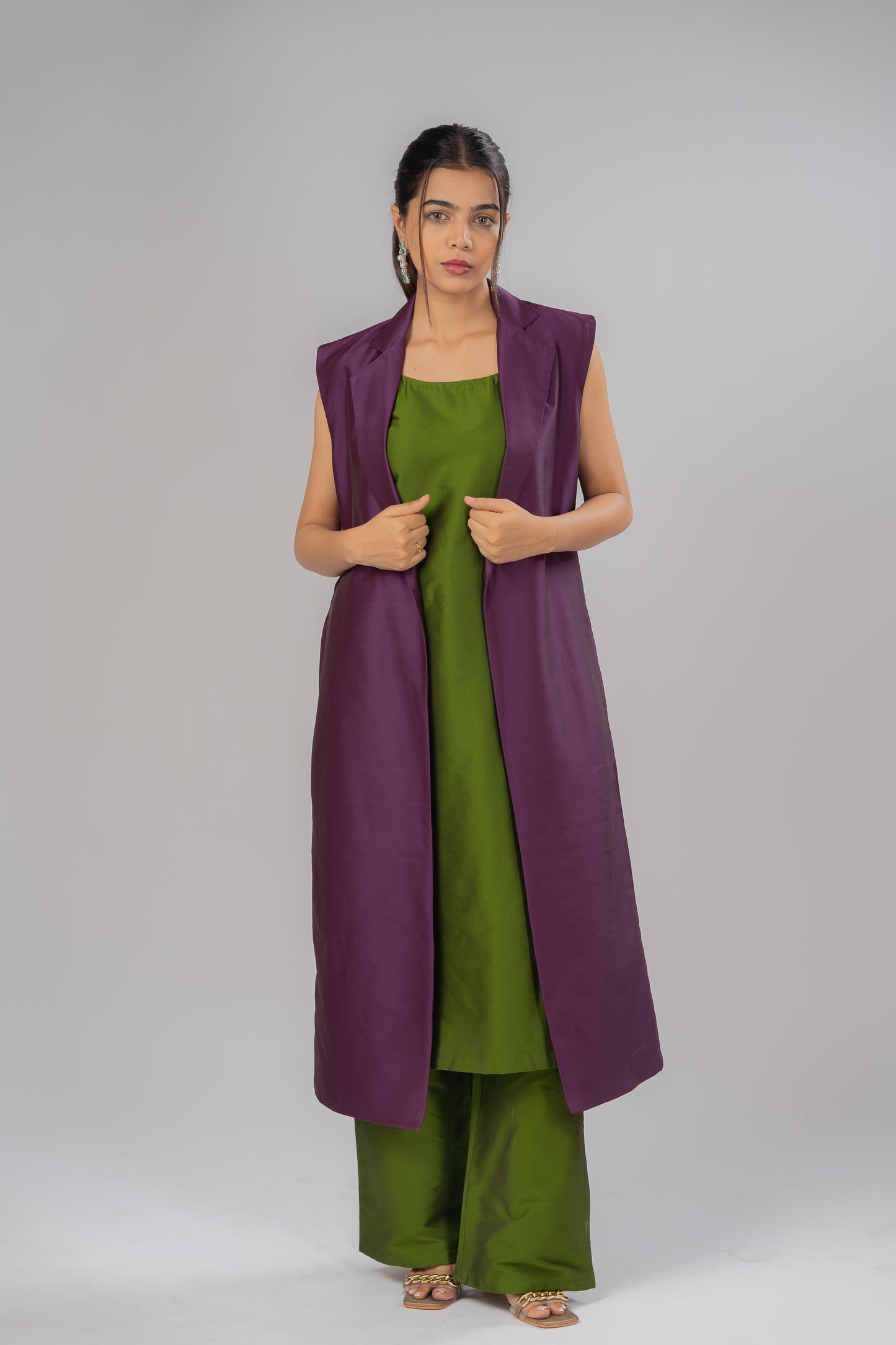 Wine Straight Cut Vest Style Silk Jacket With Soft Lining