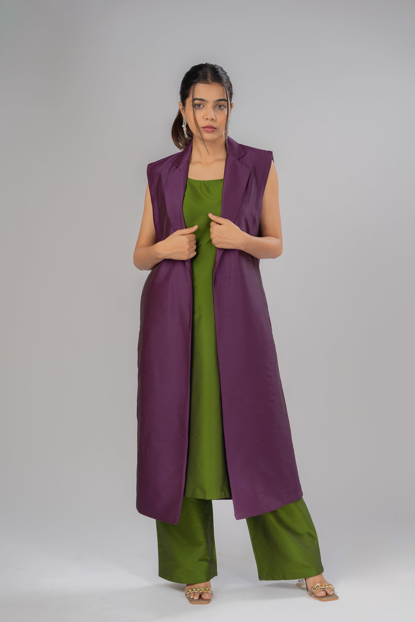 Wine Straight Cut Vest Style Silk Jacket With Soft Lining