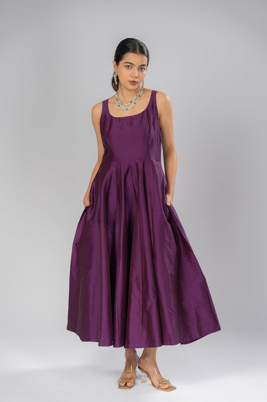 Wine Silk Fit And Flare Sleeveless Silk Dress With Pockets And Soft Lining