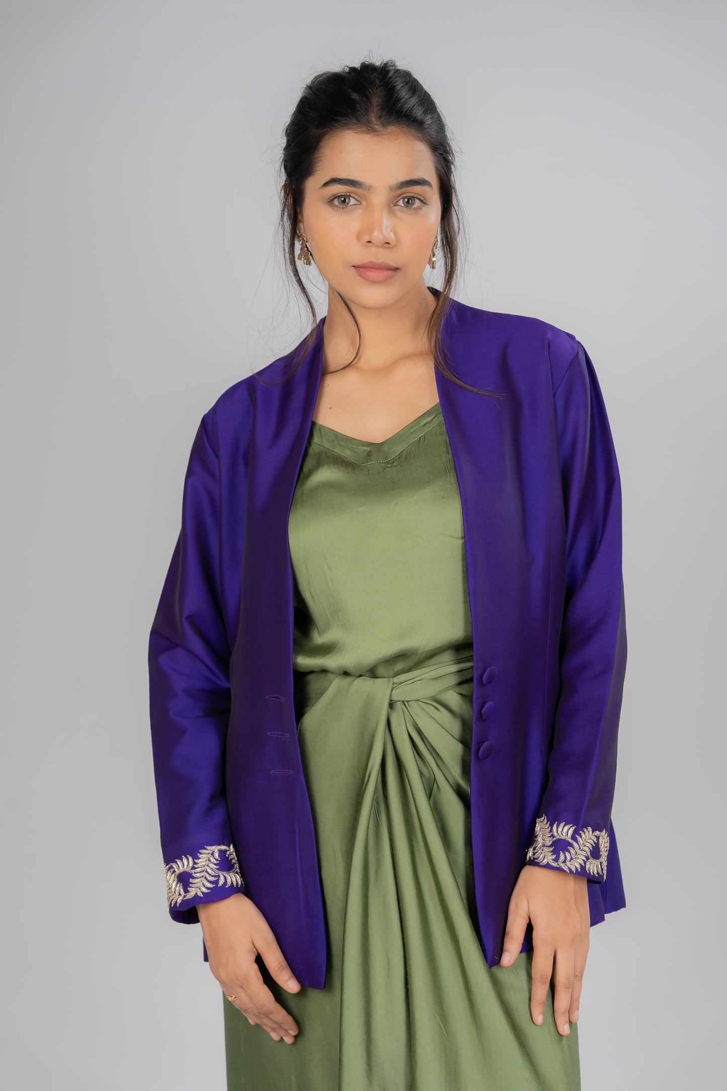 Dark Purple Short Silk Jacket With Beautiful Silver Hand Embroidery On The Cuff