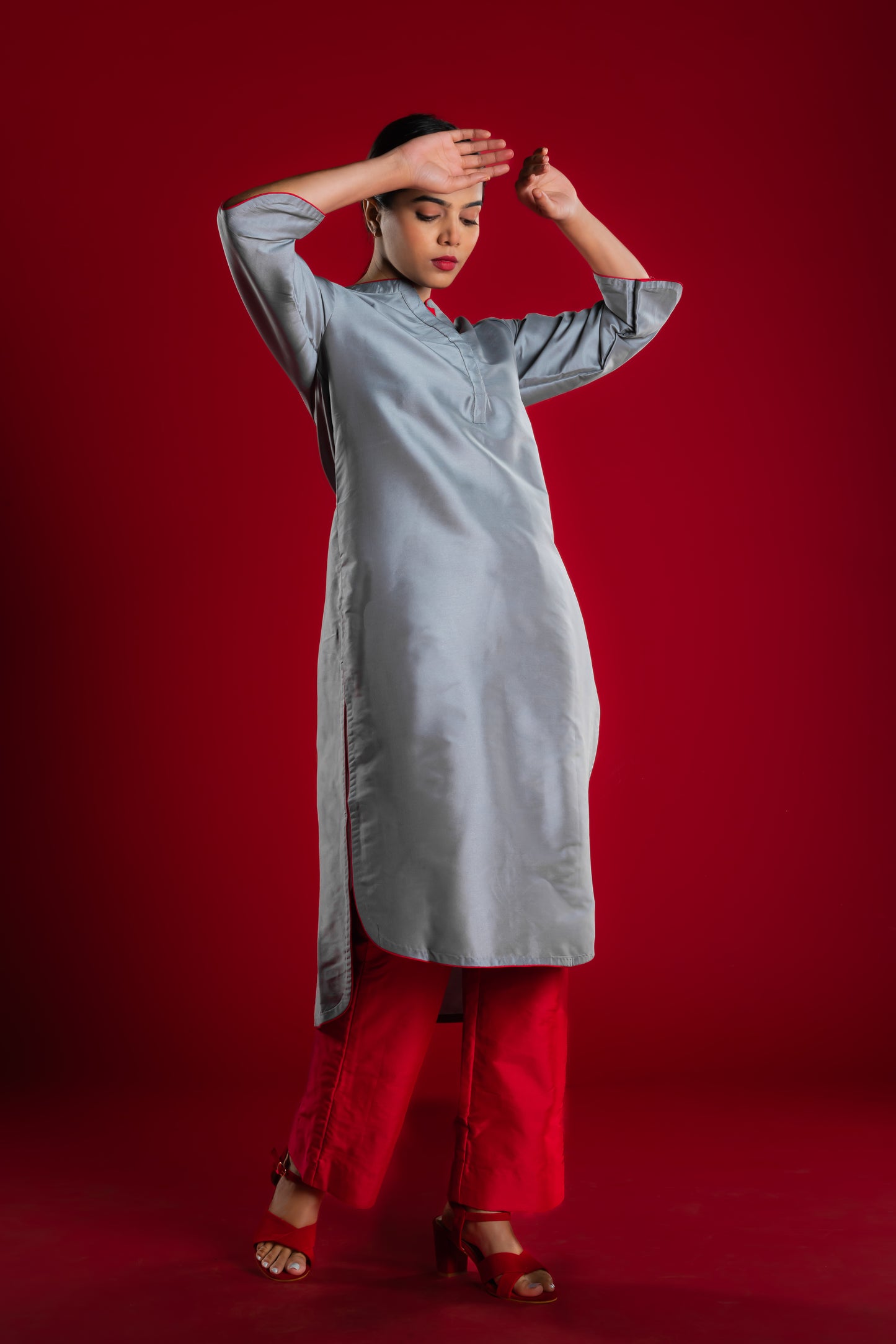 Grey Kurta & Red Pant Set