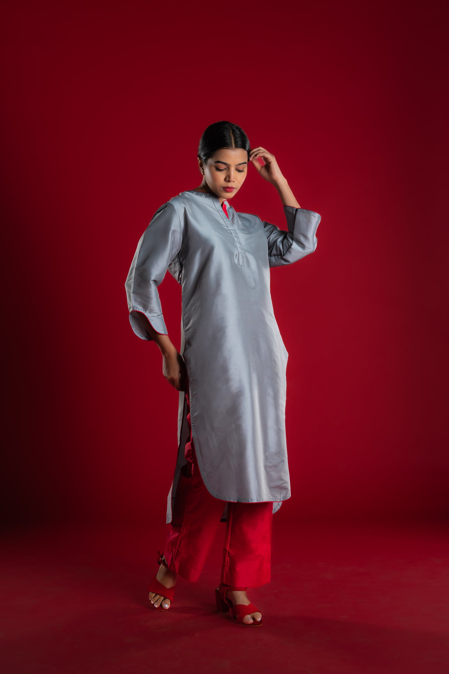 Grey Kurta & Red Pant Set