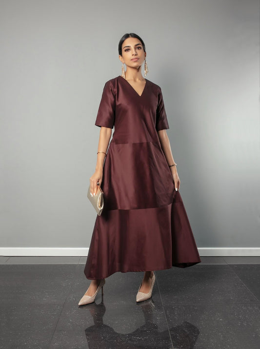 Brown Silk V Neck Flowy Dress