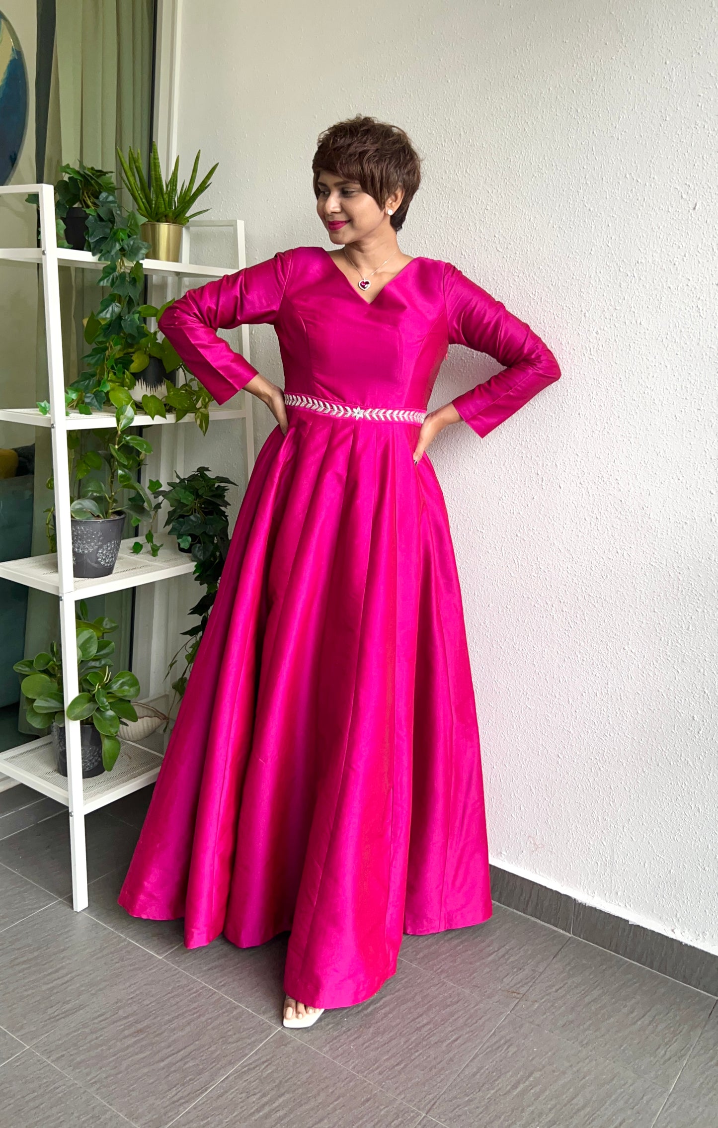 Fuschia V Neck Long Fit And Flare Dress