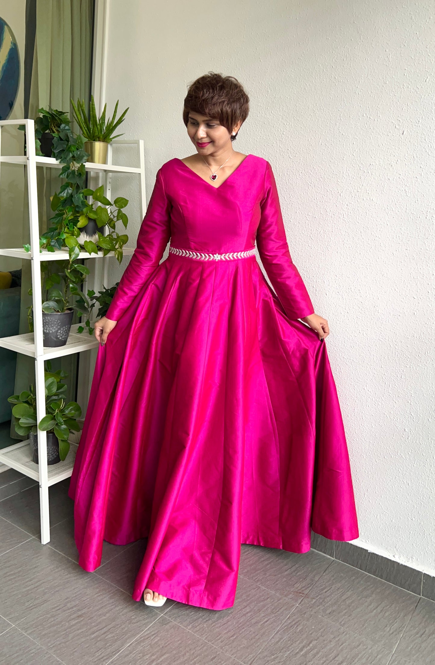 Fuschia V Neck Long Fit And Flare Dress