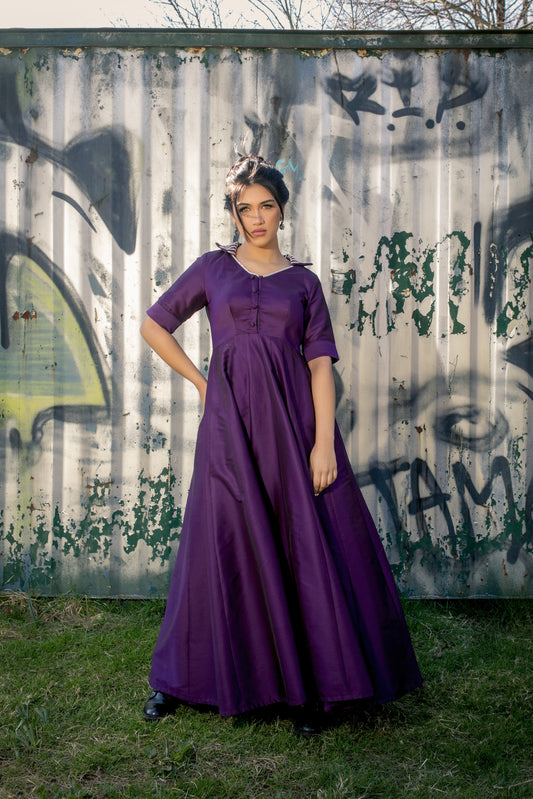 Purple Fit And Flare Dress With Hand Embroidery On The Collar And Sleeves