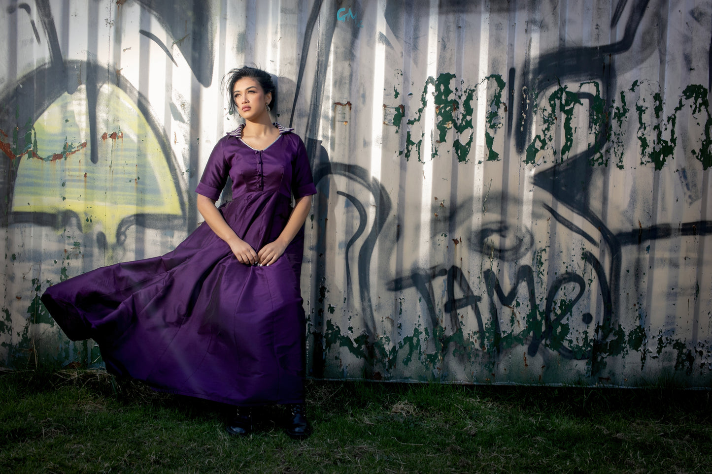 Purple Fit And Flare Dress With Hand Embroidery On The Collar And Sleeves