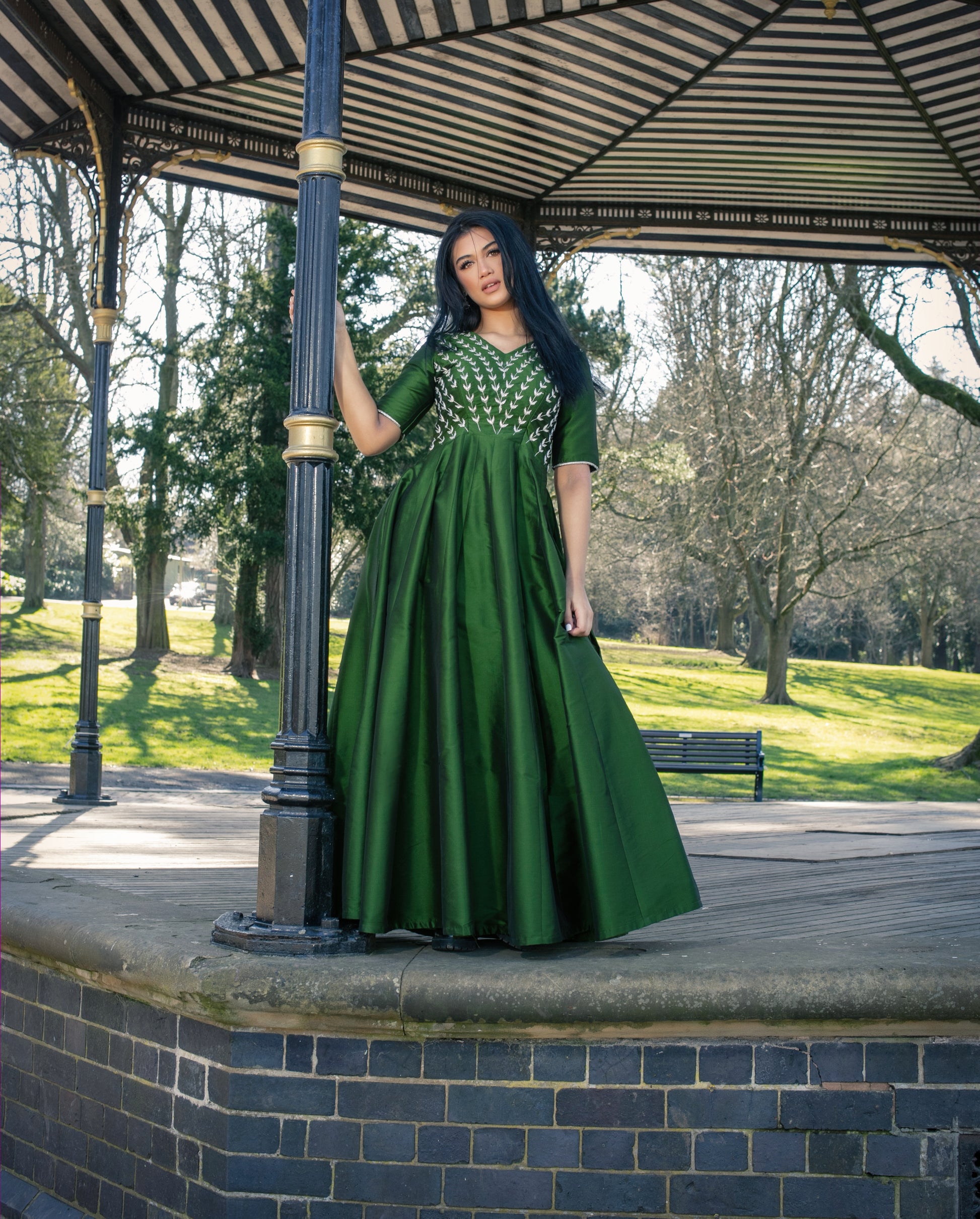 Emerald Green Fit And Flare Dress With Silver Hand Embroidery.