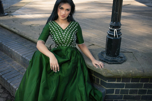 Emerald Green Fit And Flare Dress With Silver Hand Embroidery.