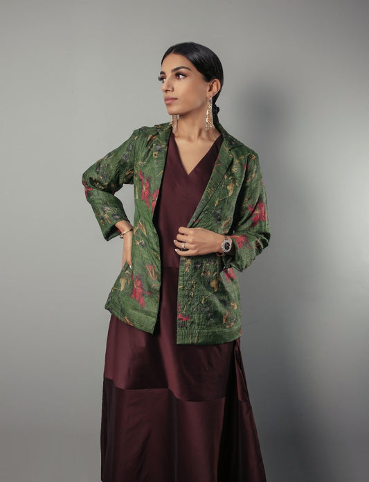 Green Silk Tussar Silk Blazer