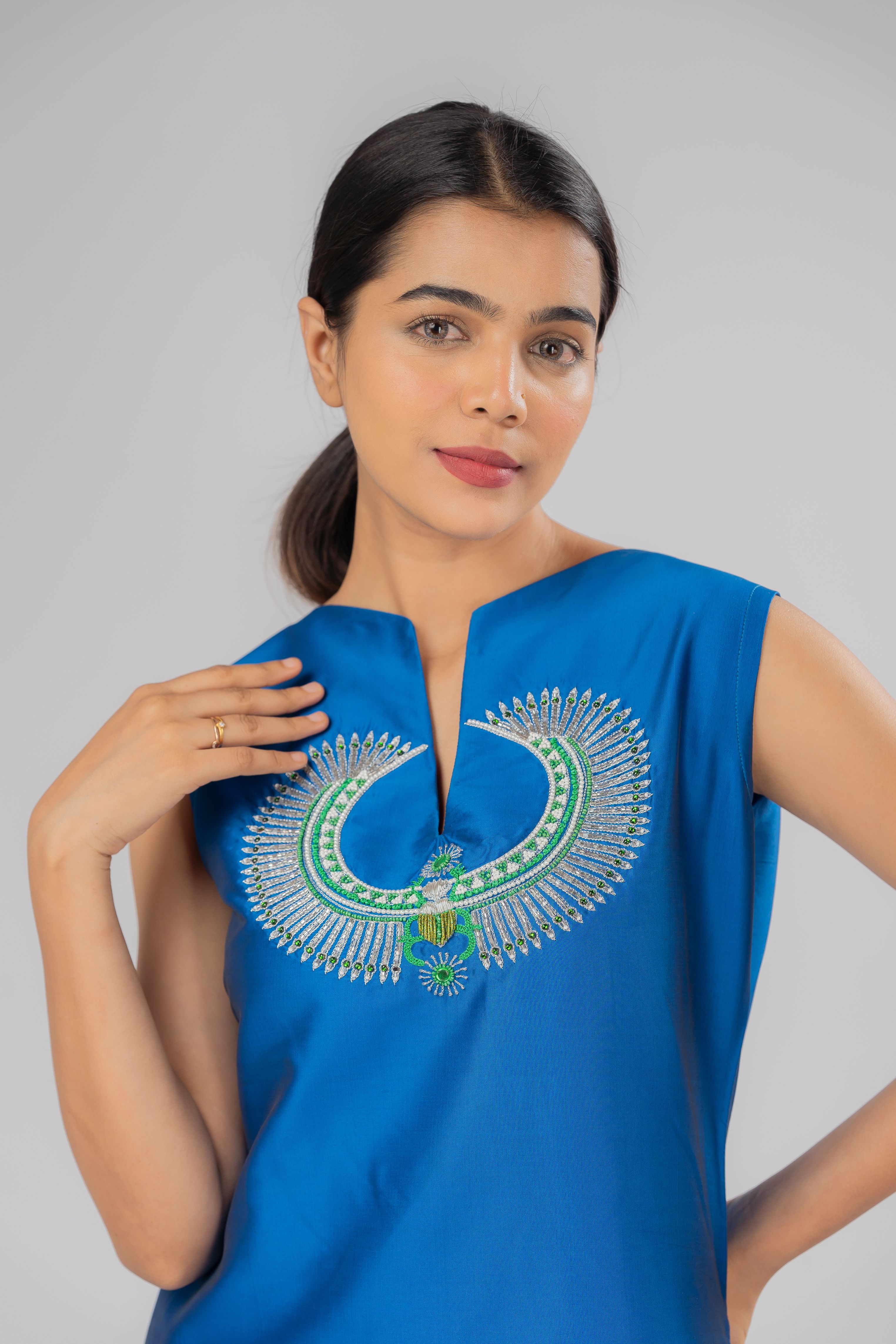Blue Scarab Embroidered Silk Kurta Set