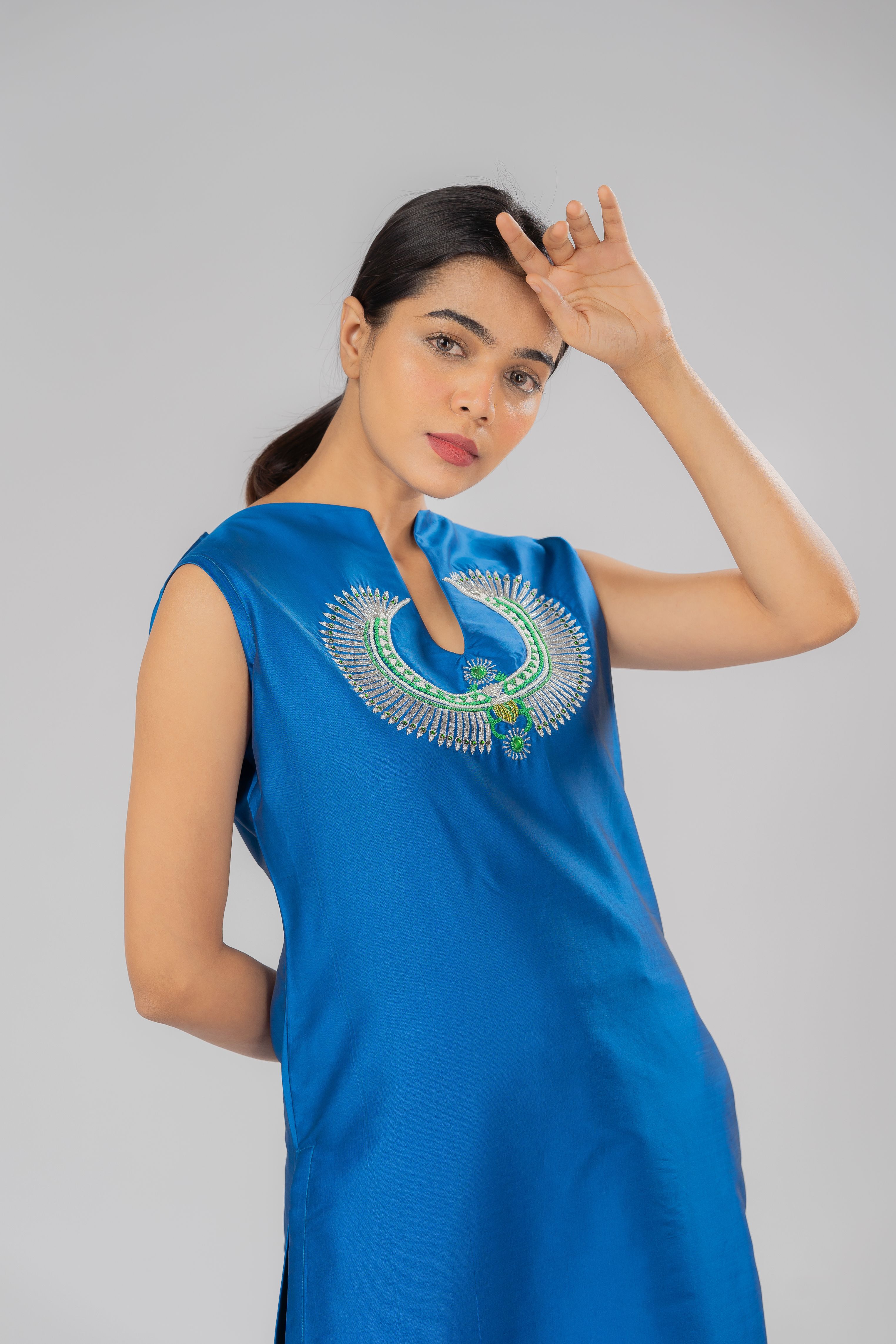 Blue Scarab Embroidered Silk Kurta Set