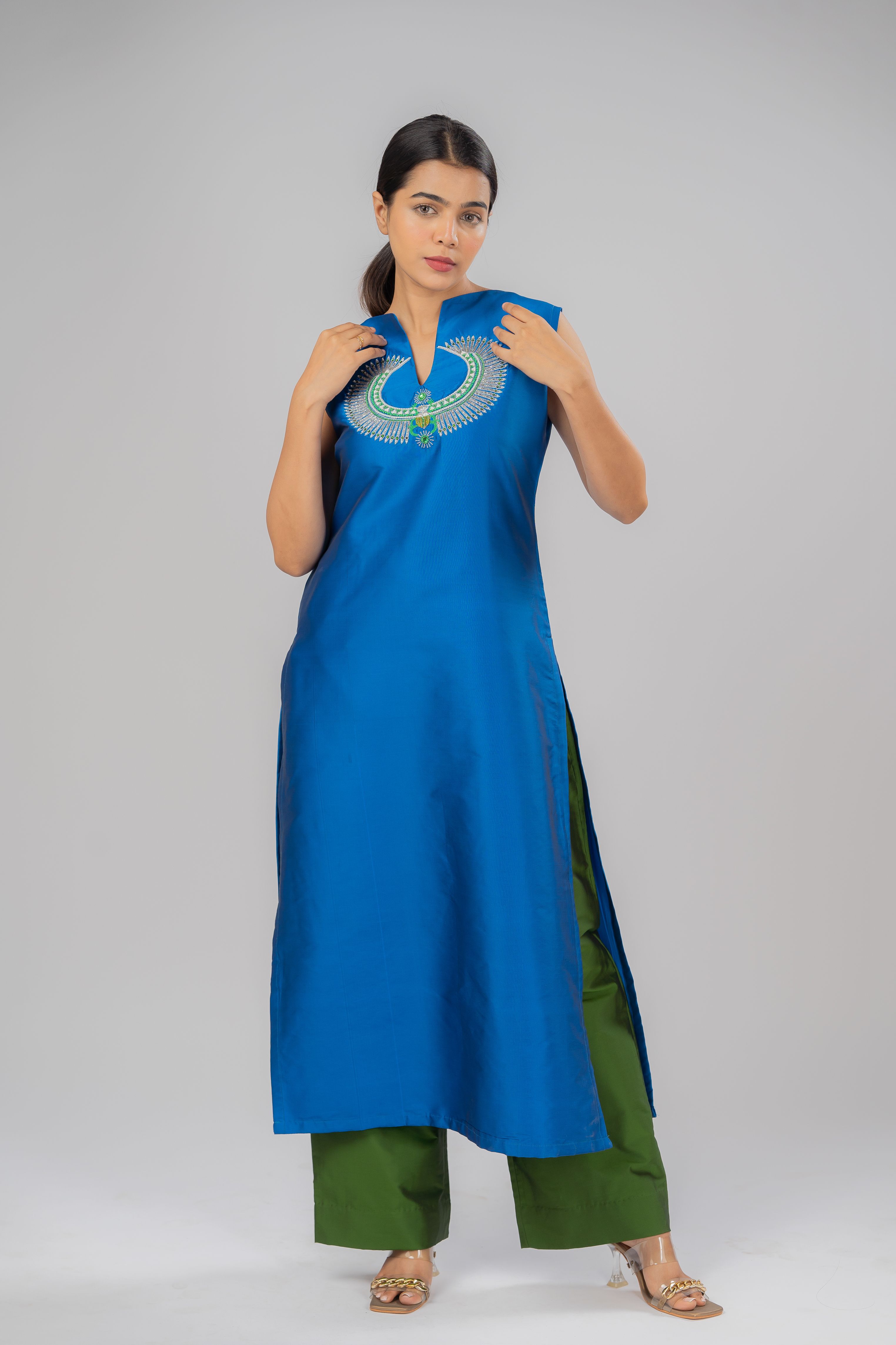Blue Scarab Embroidered Silk Kurta Set
