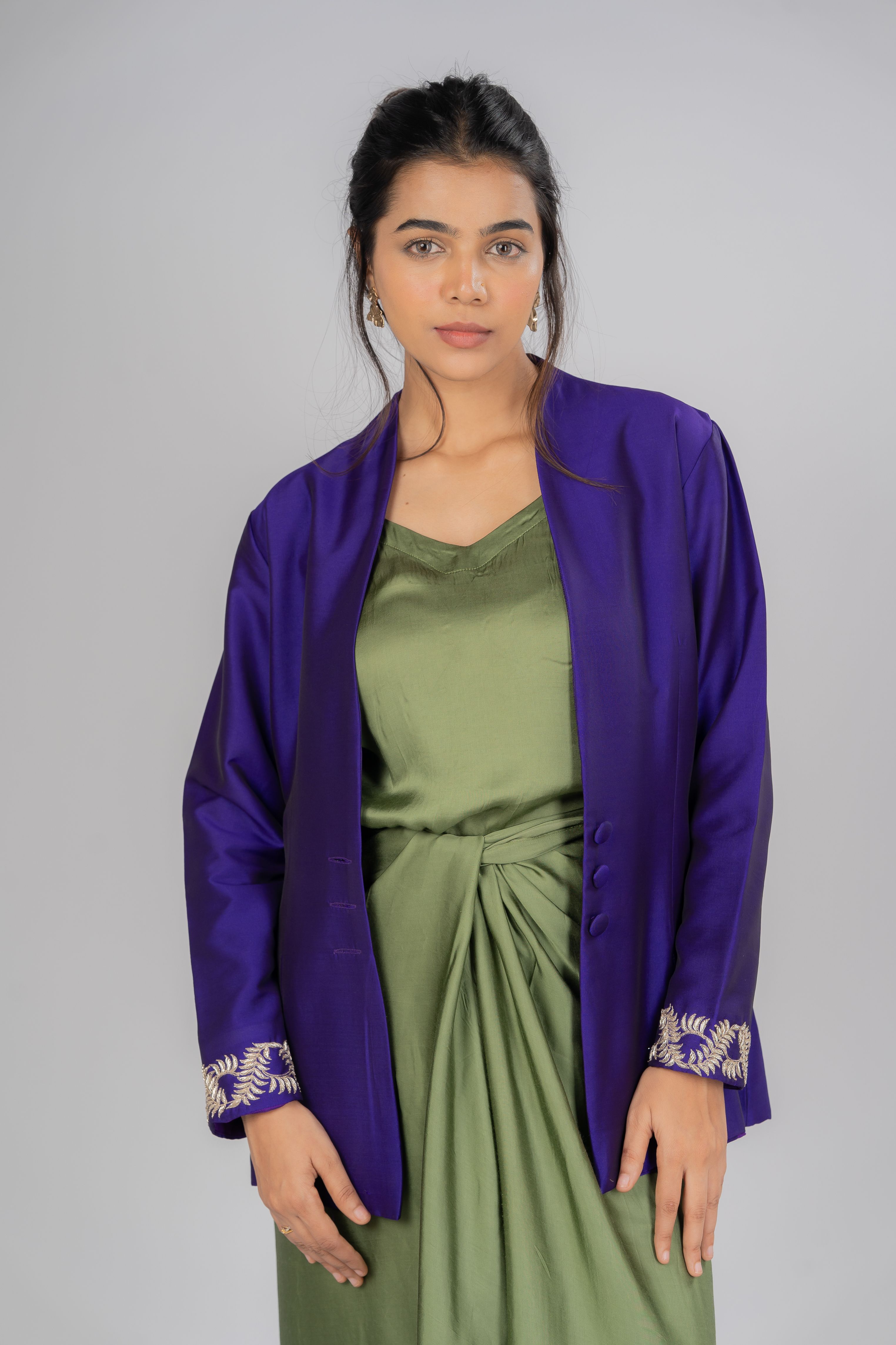 Dark purple short silk jacket with beautiful silver hand embroidery on the cuff