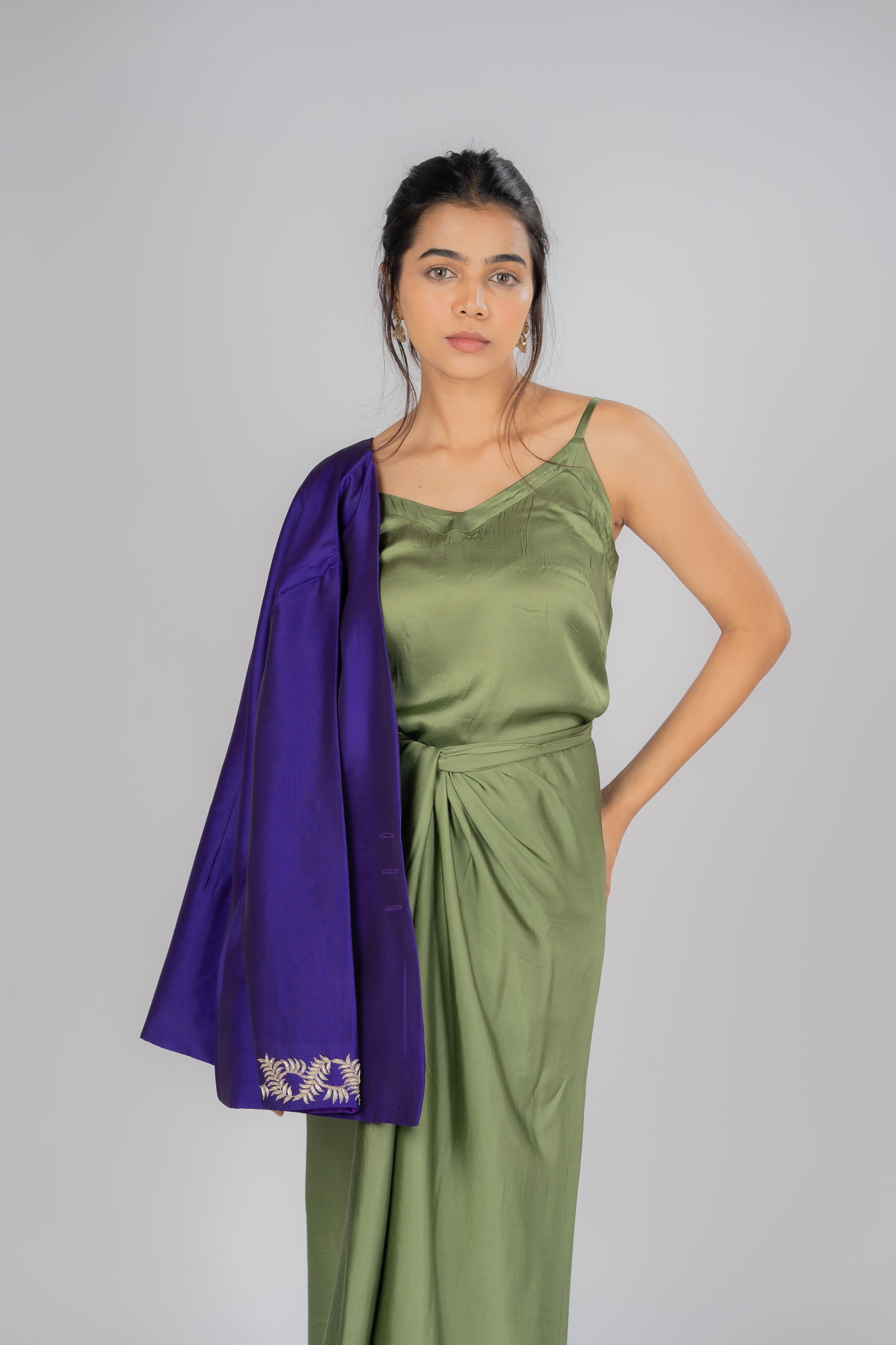 Dark purple short silk jacket with beautiful silver hand embroidery on the cuff