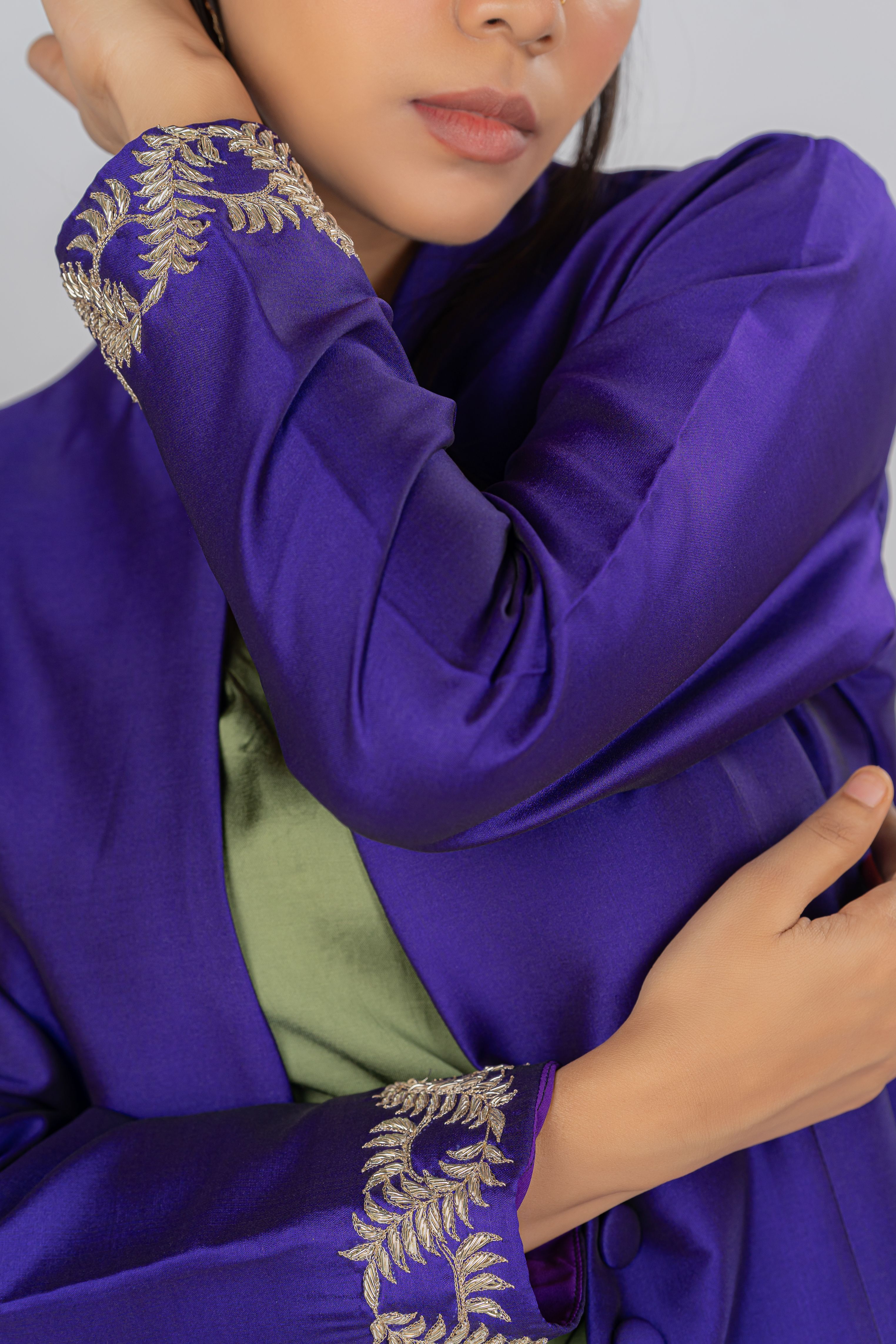 Dark purple short silk jacket with beautiful silver hand embroidery on the cuff