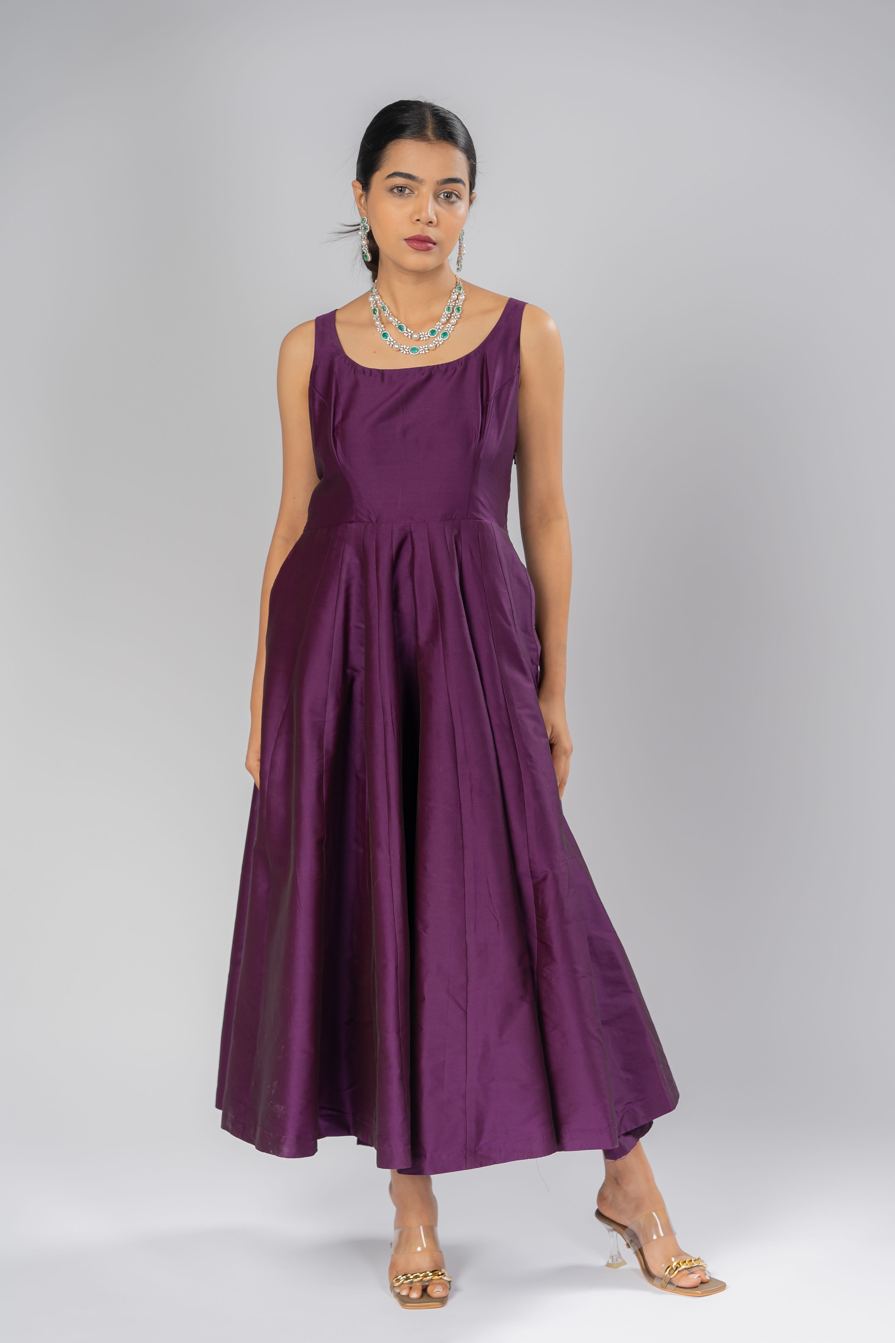 Wine silk fit and flare sleeveless silk dress