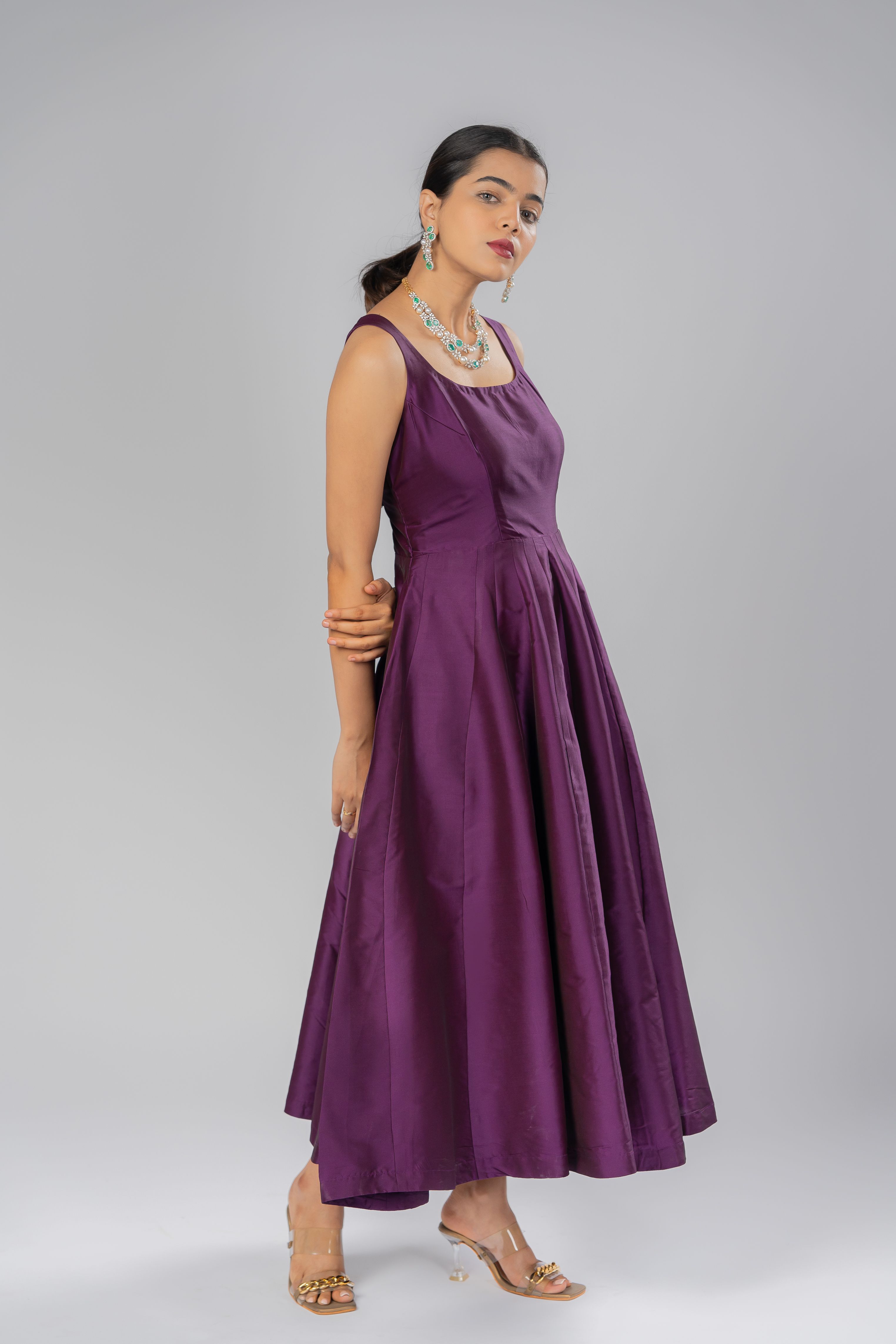 Wine silk fit and flare sleeveless silk dress