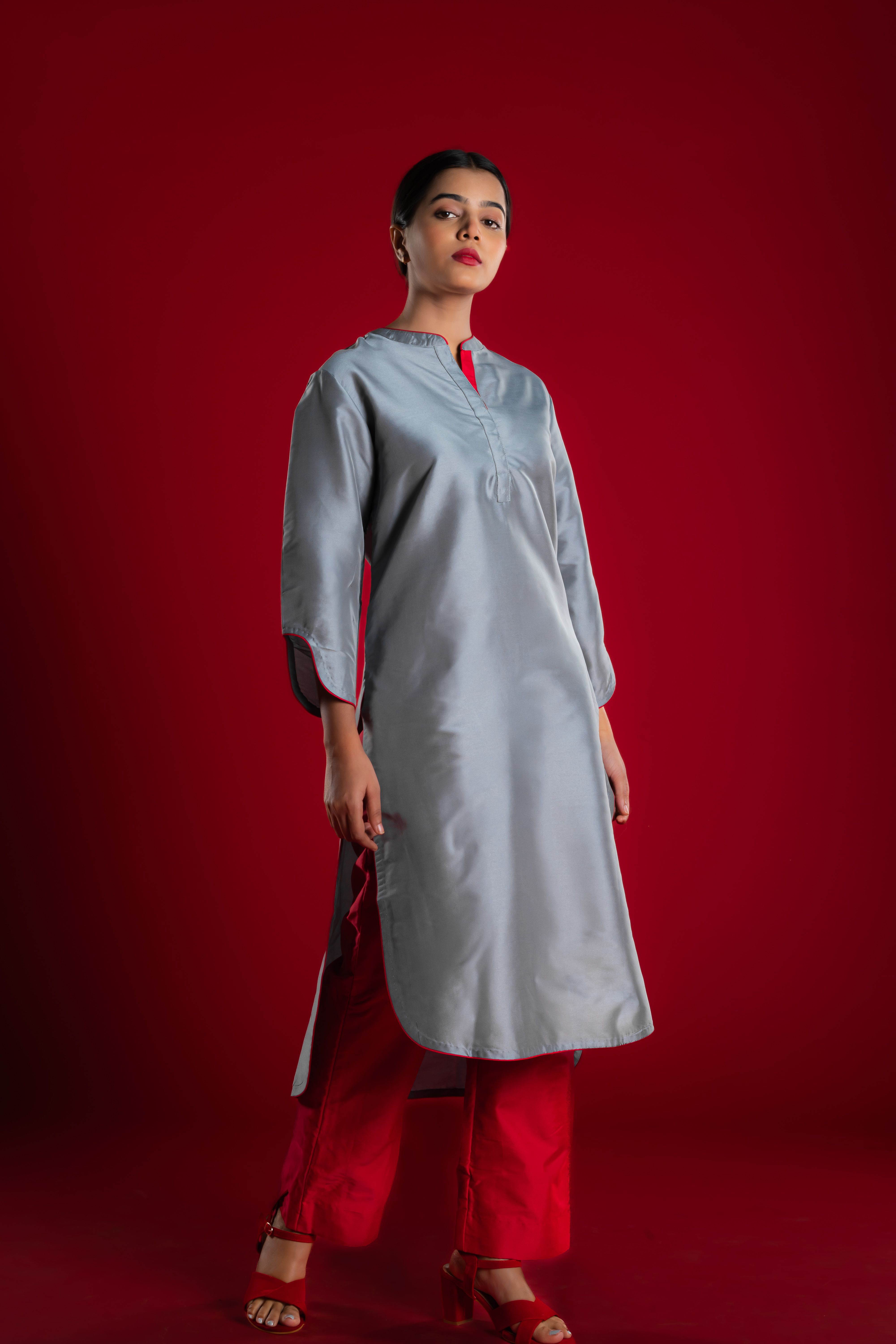 Grey Kurta & Red Pant Set