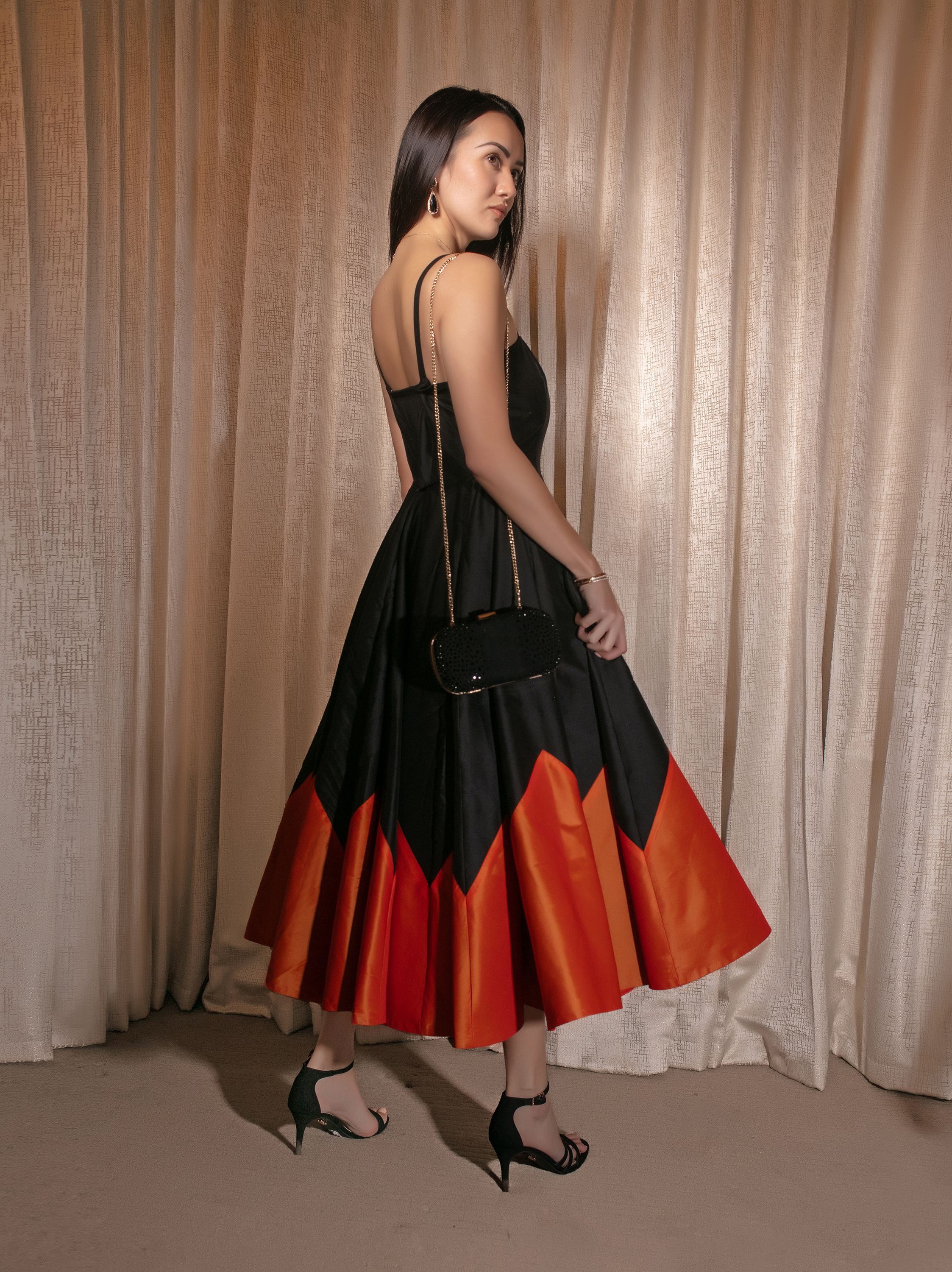 The Marigold - Black and orange spaghetti sleeve dress