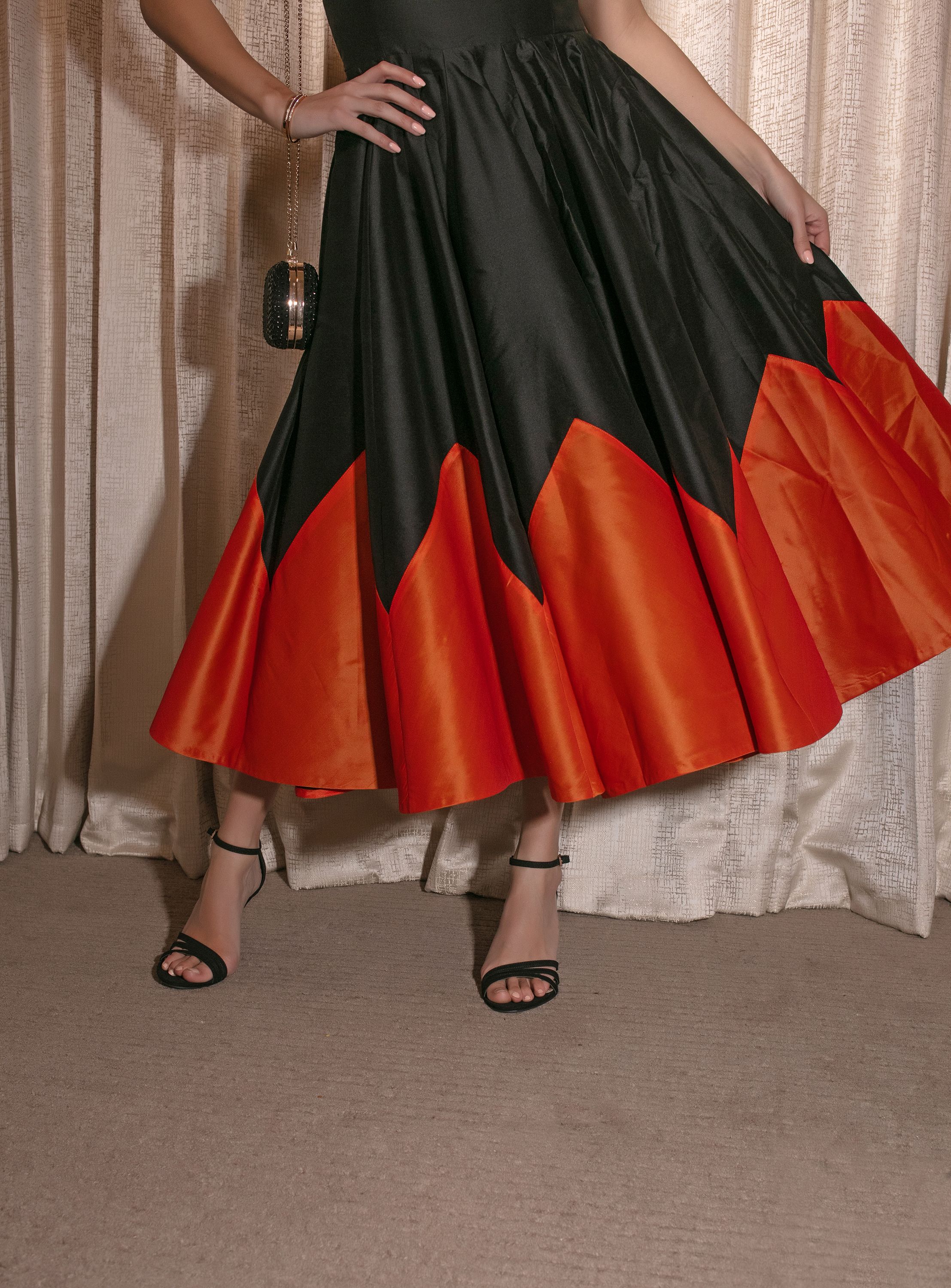 The Marigold - Black and orange spaghetti sleeve dress
