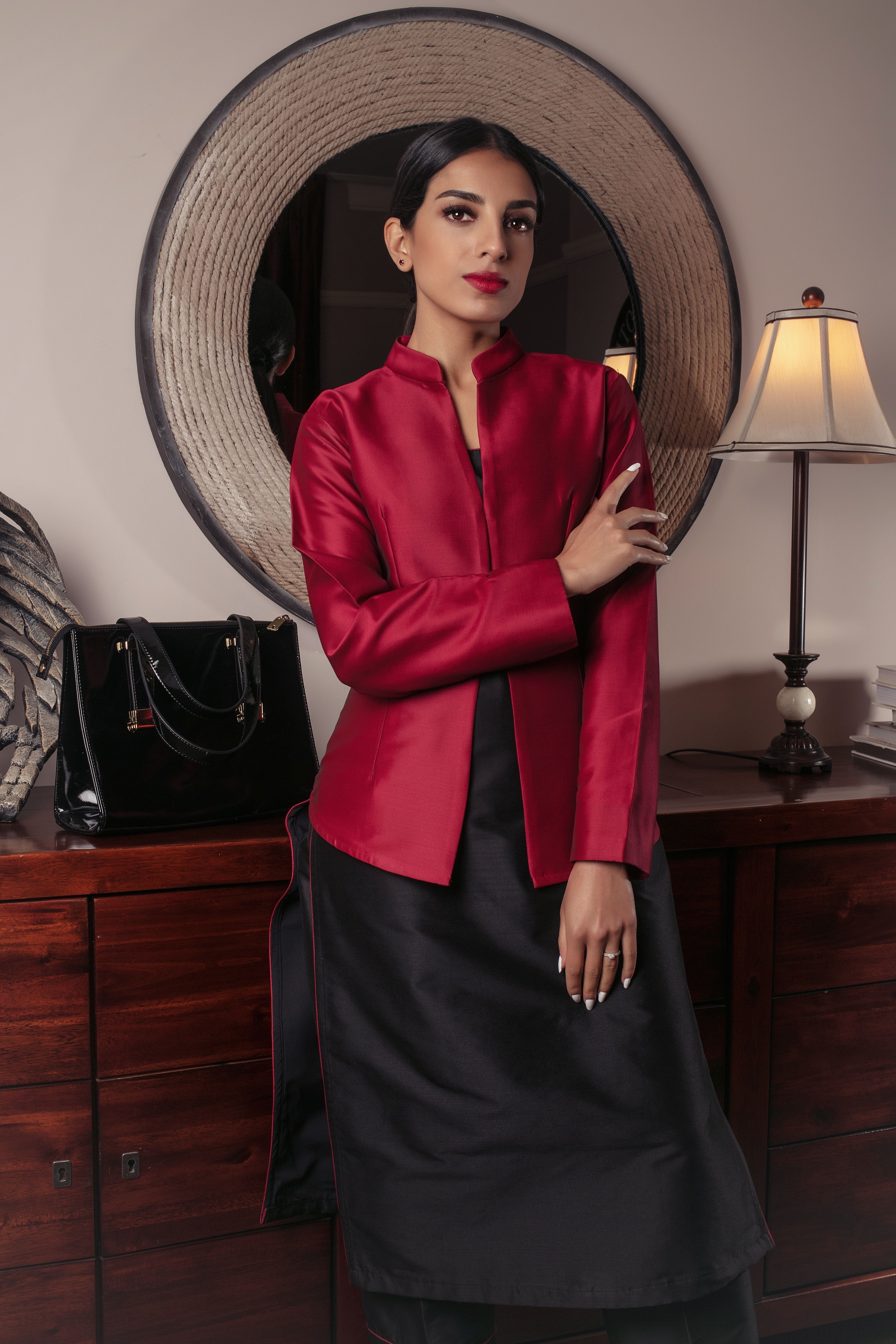 A versatile red silk short jacket to dress down or up