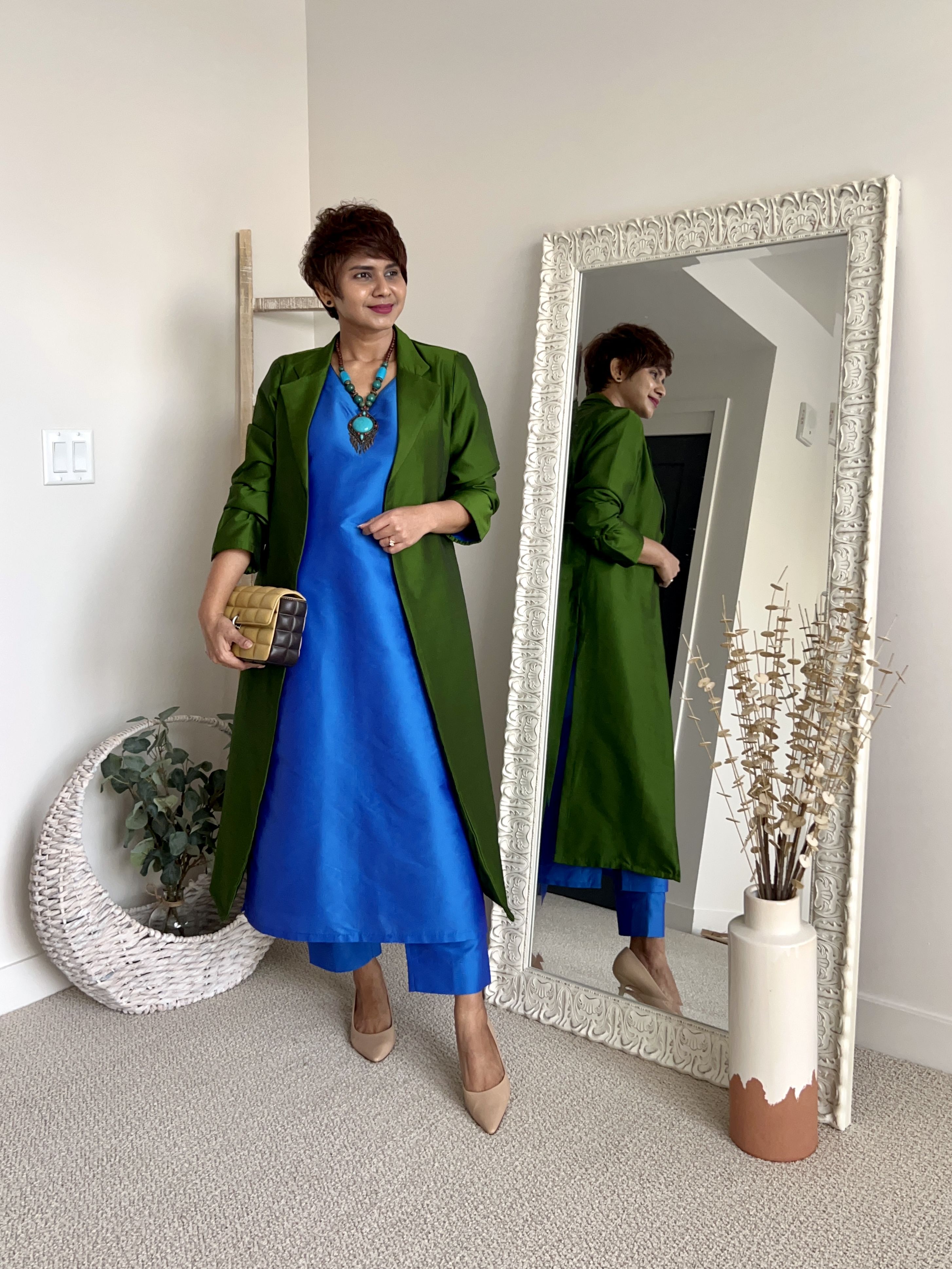 Blue Straight Cut Silk Top With Blue Silk Cigarette Pants