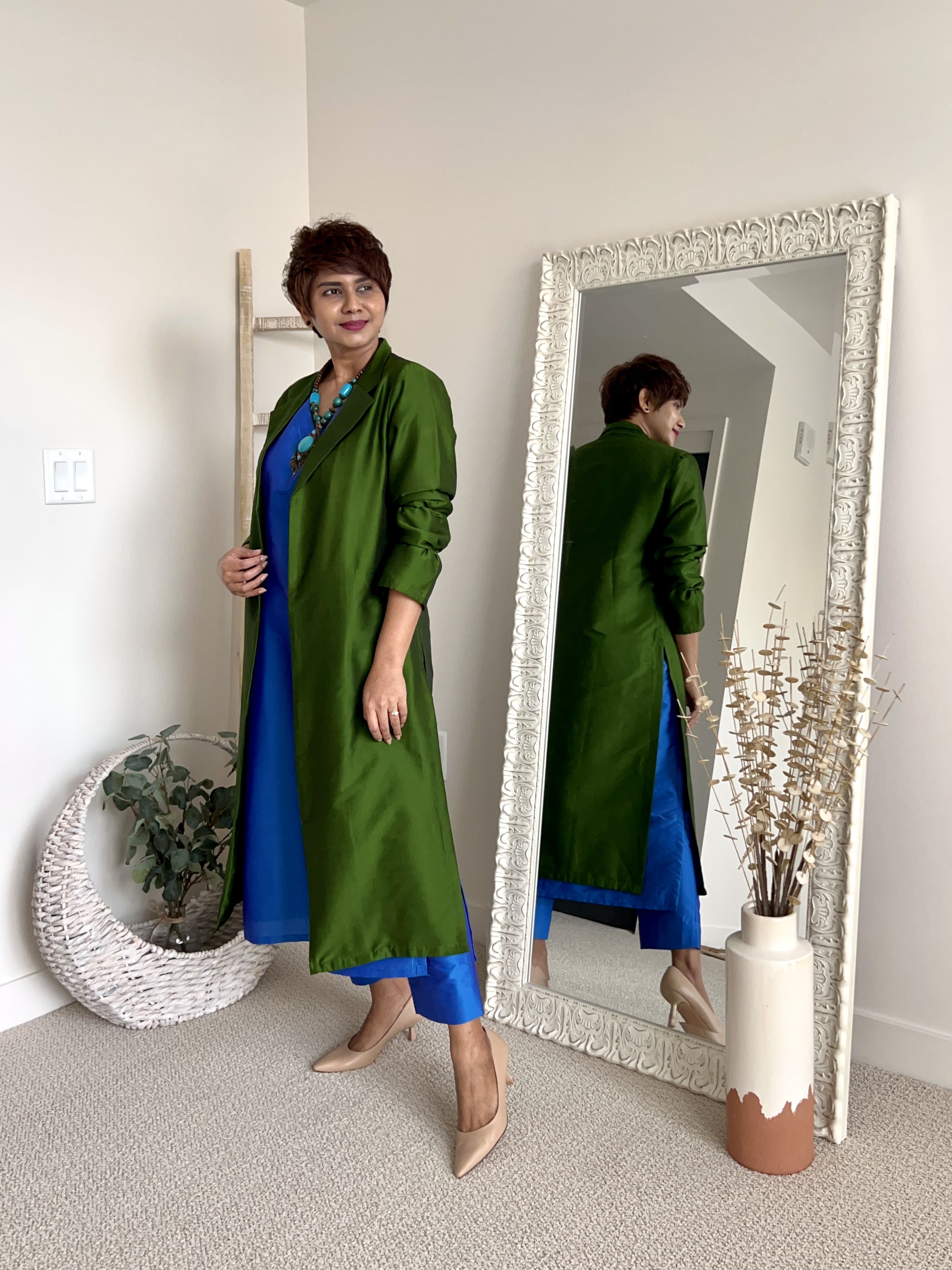 Blue Straight Cut Silk Top With Blue Silk Cigarette Pants