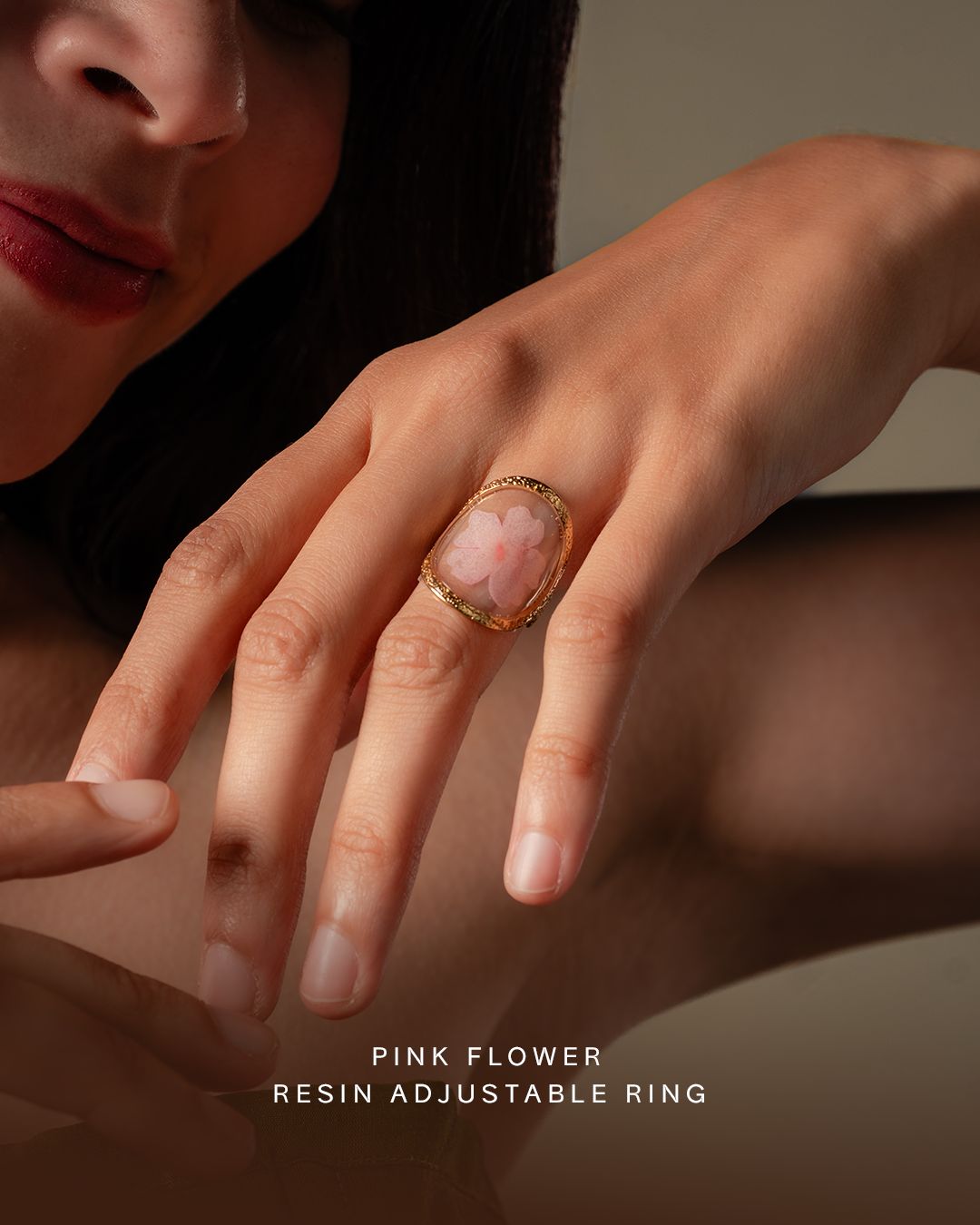 Pink Flower Resin Adjustable Ring